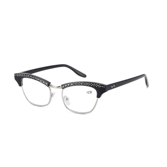 Women Bling Diamond Reading Glasses, Cat Eye Presbyopic Glasses, Ladies Black Metal Readers 1.00