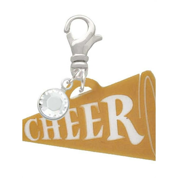 Delight Jewelry Acrylic 1.25" Goldtone Cheer Megaphone - Silvertone Clip on Charm with Clear Crystal Drop