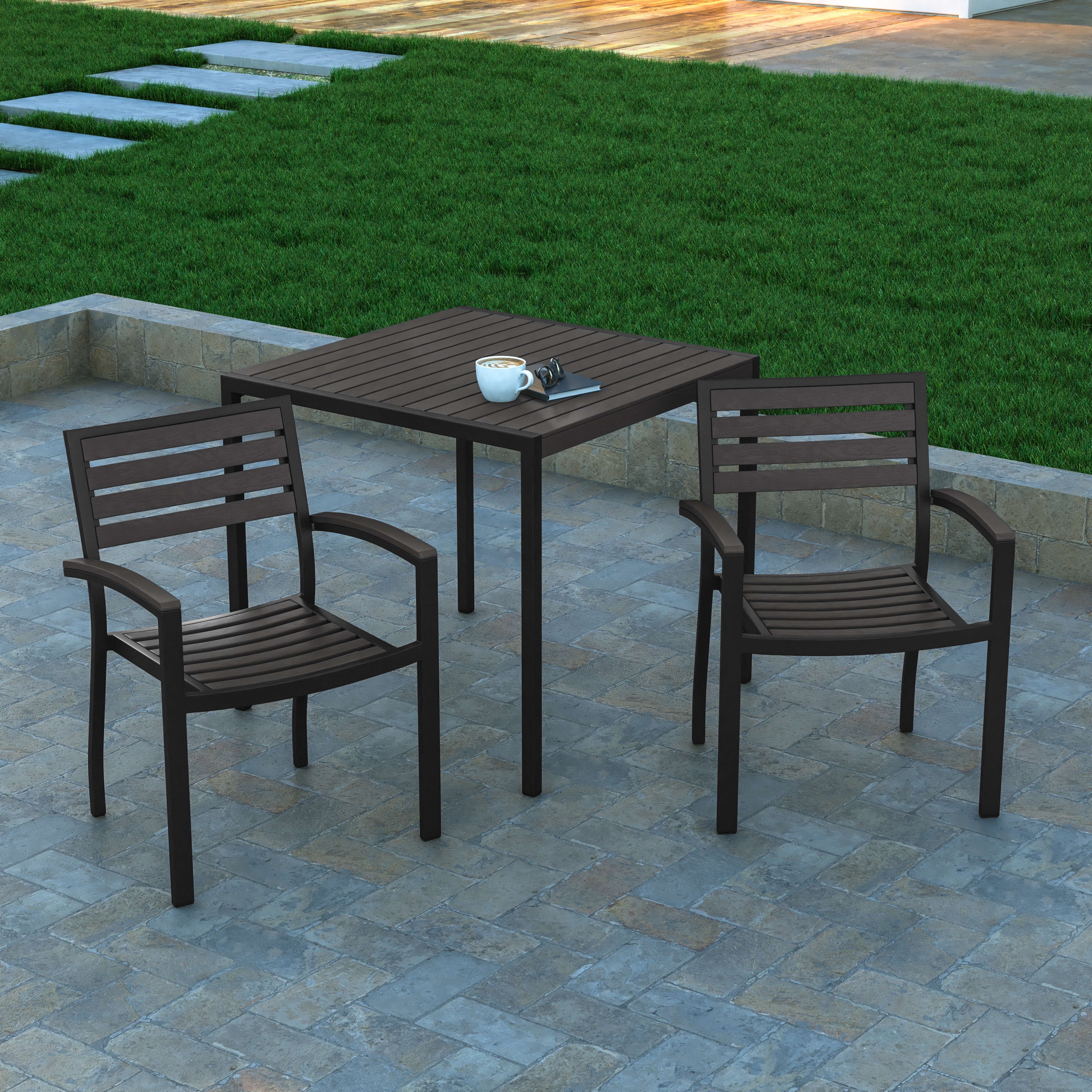 Emma + Oliver Set of Two Black Aluminum Stacking Patio Chairs with Gray Wash Finished Faux Teak Polyresin Slats on Seat, Back & Arms for Indoor/Outdoor Use