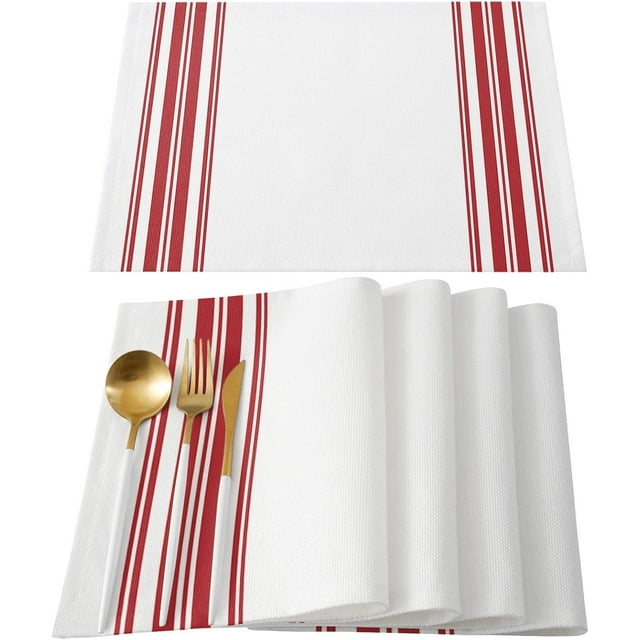 Ensemble de 6 Napperons Antidérapants à Rayures Rouges et Blanches pour Cuisine, Table à Manger, Fêtes de Patio, Géométrique 13"x19 Pouces Lavable en Coton Lin Durable