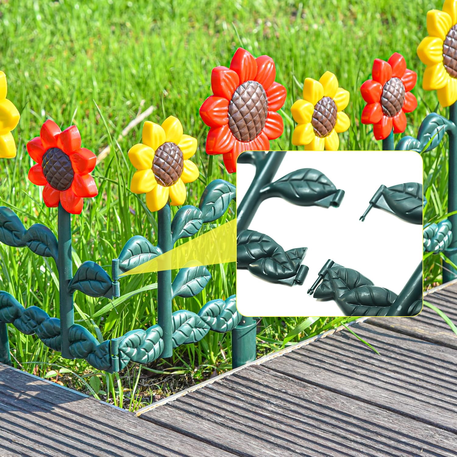 Sungmor Plastic Edgings Garden Picket Fence - Grass Lawn Flowerbeds Plant Borders - Decorative Sunflower Landscape Path Panels - Pack of 4 (Overall Length 98 Inches) - Lightweight & Easy Installation