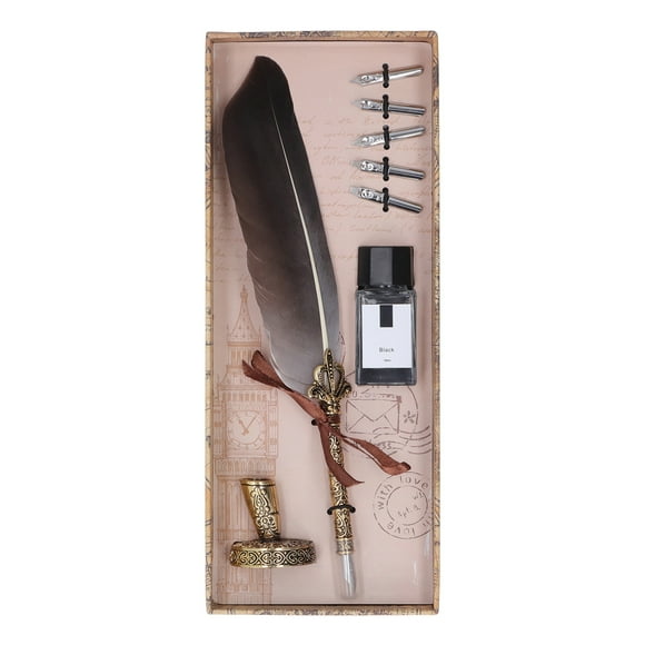 European Style Quill Pen Ink Pen Set for Writing Drawing, Zinc Alloy Retro Feather Pen with Stand, for Kids Students Friends Lovers