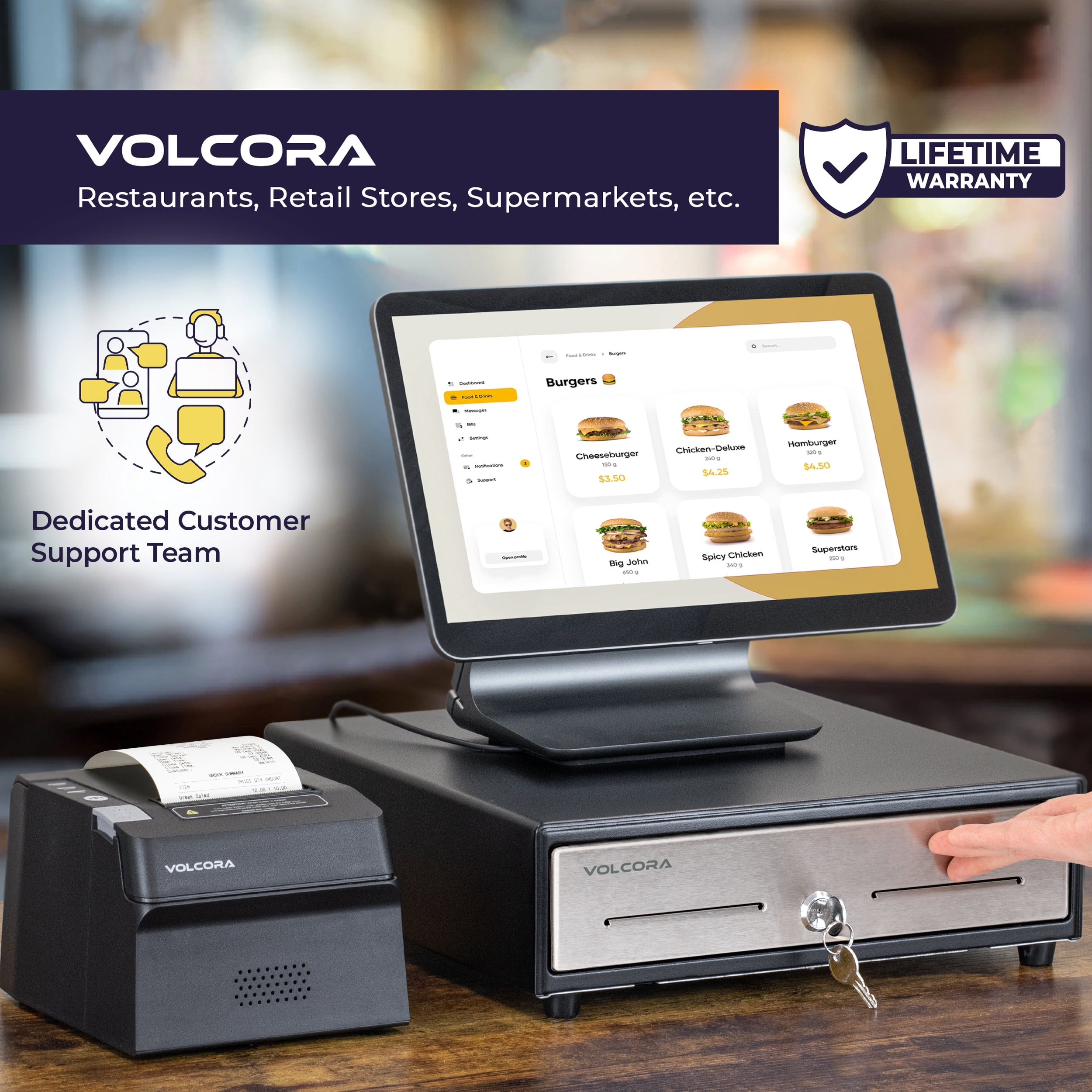 Volcora 13 Manual Push Open Cash Register Drawer for POS System, Touch Panel Stainless Steel Front, Black Heavy Duty Till 4 Bills 5 Coin, Key Lock, Fully Removable Money Tray Double Media Slots