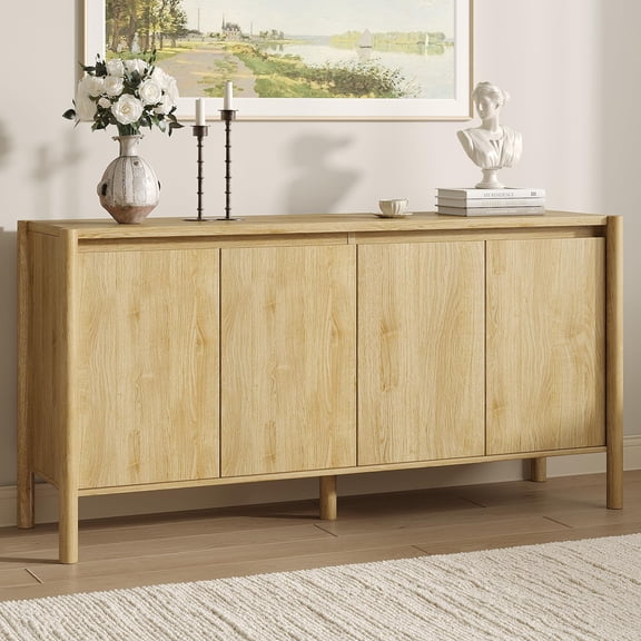 Oak Mid-Century Buffet Cabinet With 4 Doors And Adjustable Shelves, 59 Inch Wide