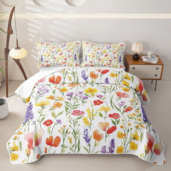 Homewish Watercolor Wildflower Heart Twin Quilt Set For Women,Yellow Purple Red Twin Coverlet Set,2-Piece