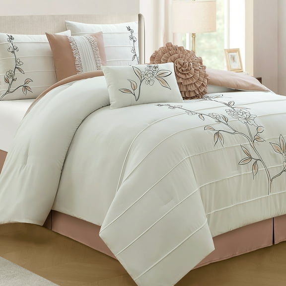 Lanco Blush Floral Queen Comforter Set, 7 Piece, Microfiber Pleating & Embroidery Bedding Sets & Collections