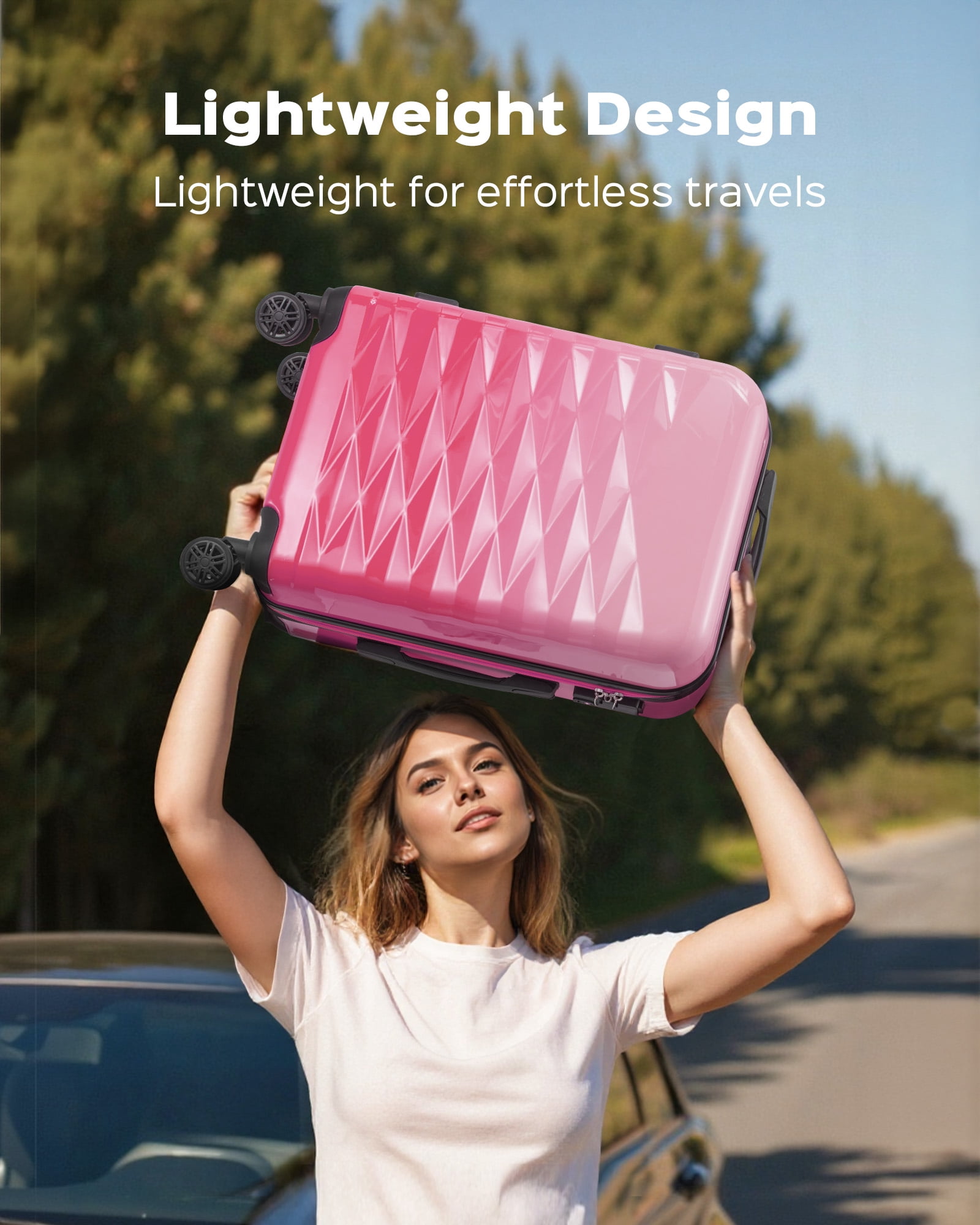 3 Piece Luggage Sets 20"/24"/28" ABS+PC Lightweight Hardshell Suitcase with Spinner Wheels and TSA Lock,Pink