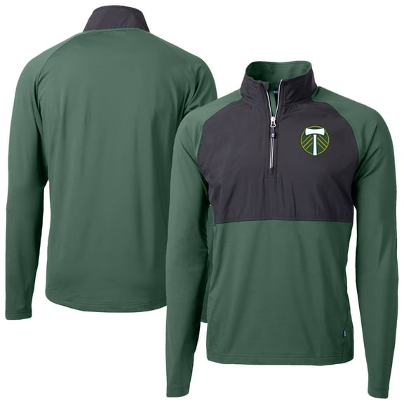 Men's-Cutter & Buck Green/Black Portland Timbers Adapt Eco Knit Hybrid Recycled Raglan Quarter-Zip Top