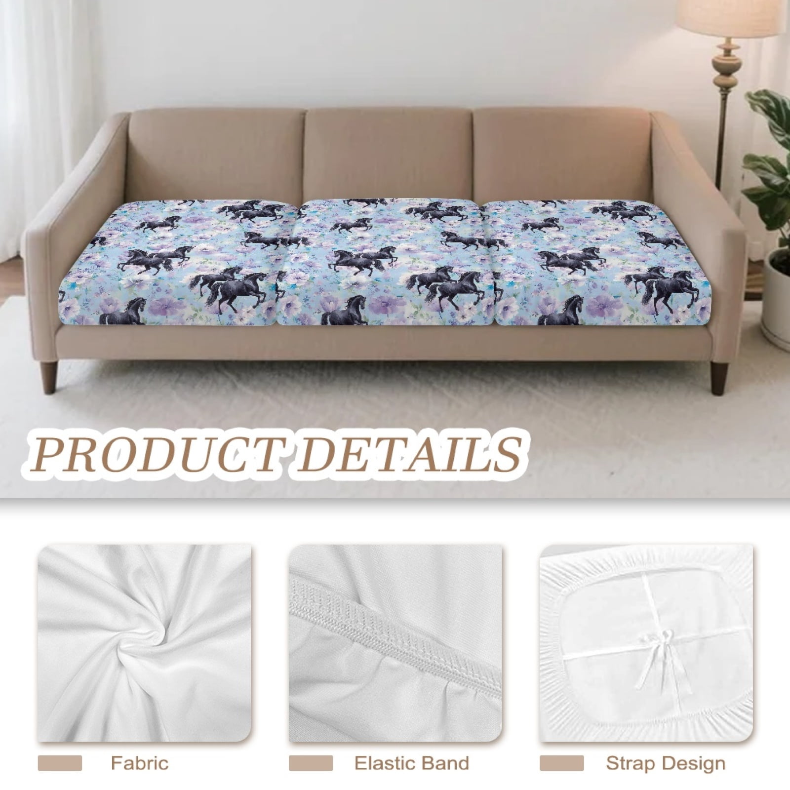 Xoenoiee Blue Flower Horse Print 3-Piece Stretch Couch Cushion Covers, Non-Slip Elastic Sofa Seat Slipcovers Washable Furniture Protector for 3 Cushion Couch, Loveseat, Sectional