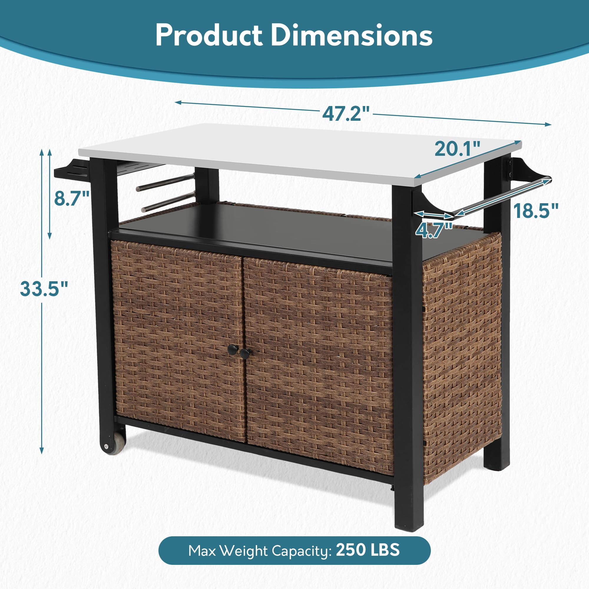 Homefun Outdoor Large Kitchen Rolling Cart Storage Wicker Island Cabinet Wheels Stainless Steel Extended Table Top bar