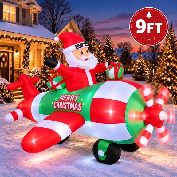 GVDV 9 FT Christmas Inflatables Outdoor Decorations - Giant Santa Pilot with Spinning Propeller & Gifts Box, Blow Up Yard Decoration for Holiday, Party, Yard, Garden