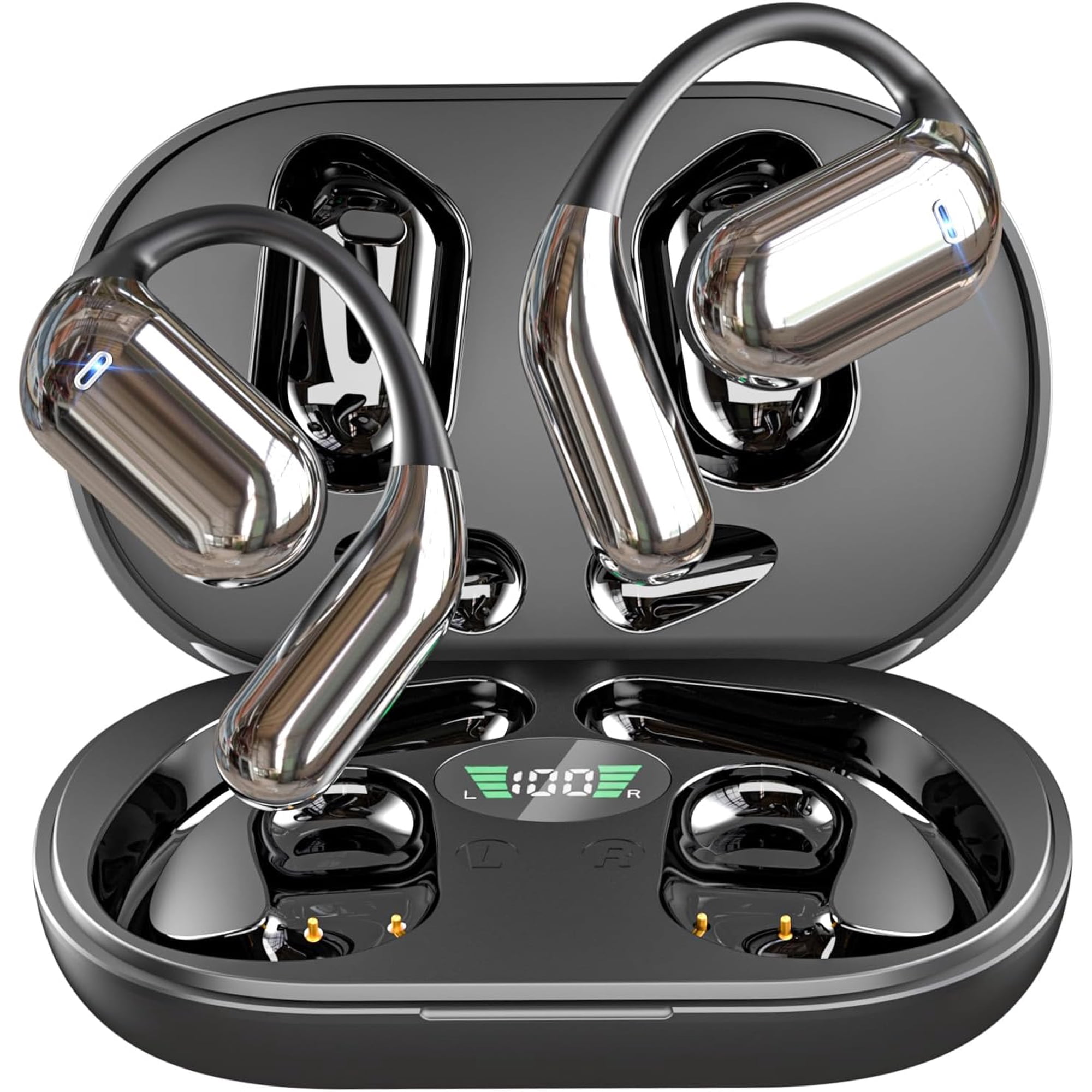 Open Ear Bluetooth 5.4 Headphones, Wireless Earbuds Sport Over Earphones Built-in Mic with Ear Hooks 50H Playtime Ear Buds LED Display Charging Case, Waterproof Design for Running Fitness, Black