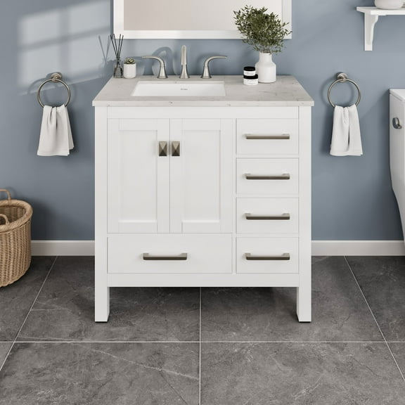Eviva Aberdeen 36" Transitional White Bathroom Vanity with White Carrara Quartz Countertop