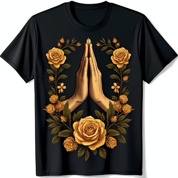 Stylish Black T-Shirt with Vibrant Prayer Hands Graphic & Yellow Roses Design