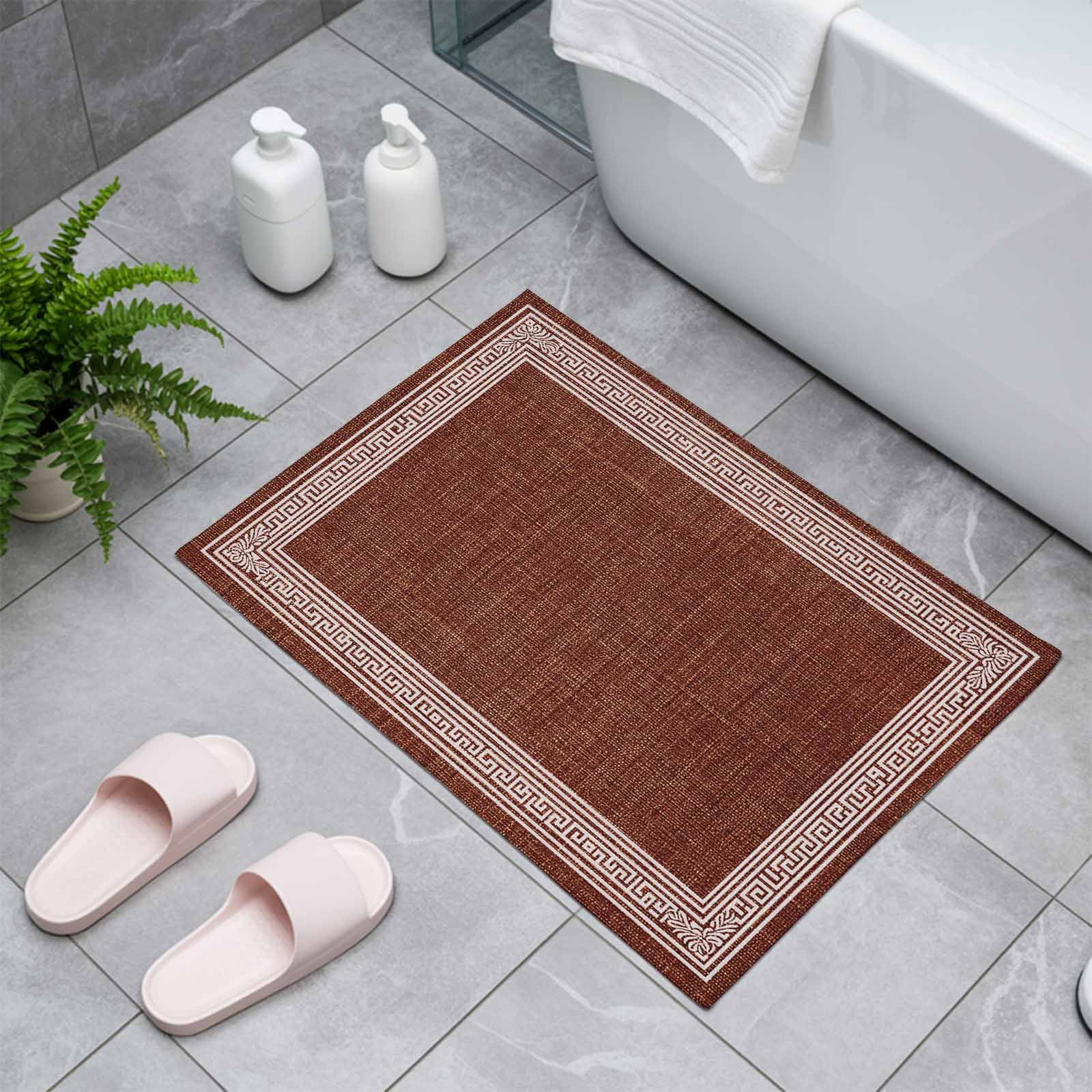 Dark Brown Geometric Indoor Door Mat - 18"x30", Non-Slip Welcome Mat for Outdoor, White Greek Key Design Burlap Modern Art Front Doormat for Entry, Low-Profile Doormat Entrance Rug for Bathroom