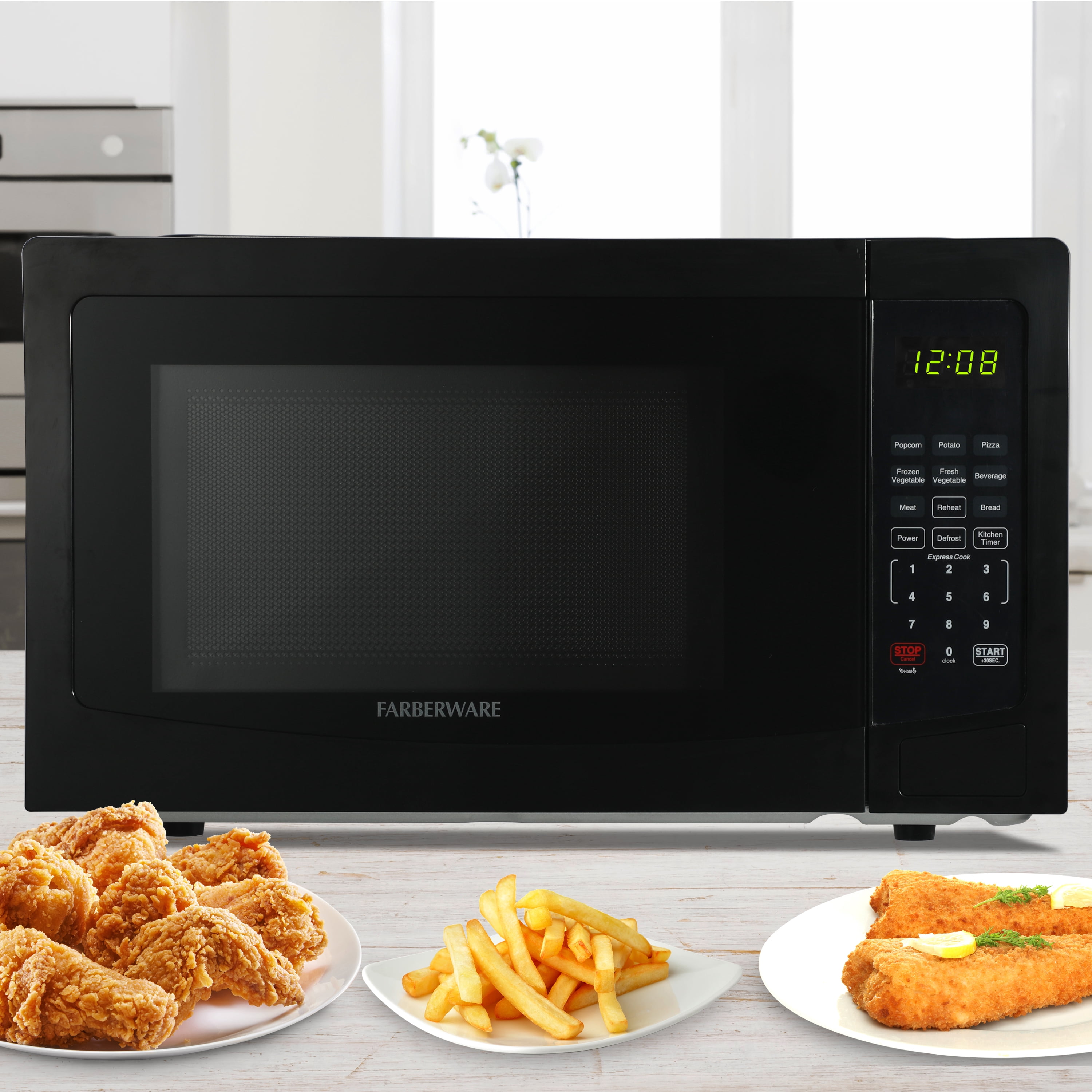 Farberware 1.1 cu ft Microwave Oven, 1000W Countertop Microwave Oven with 8 Auto Cook Programs, Black