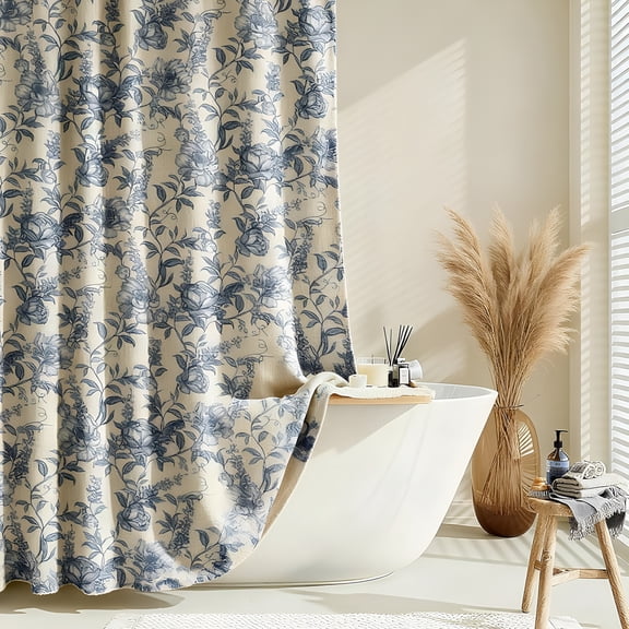 AUQ Farmhouse Blue Floral Shower Curtain with 12 Clear Rings,Fabric Faux Linen Shower Curtain Set,Vintage Cottagecore Shower Curtain for Bathroom 72" W X 72" L