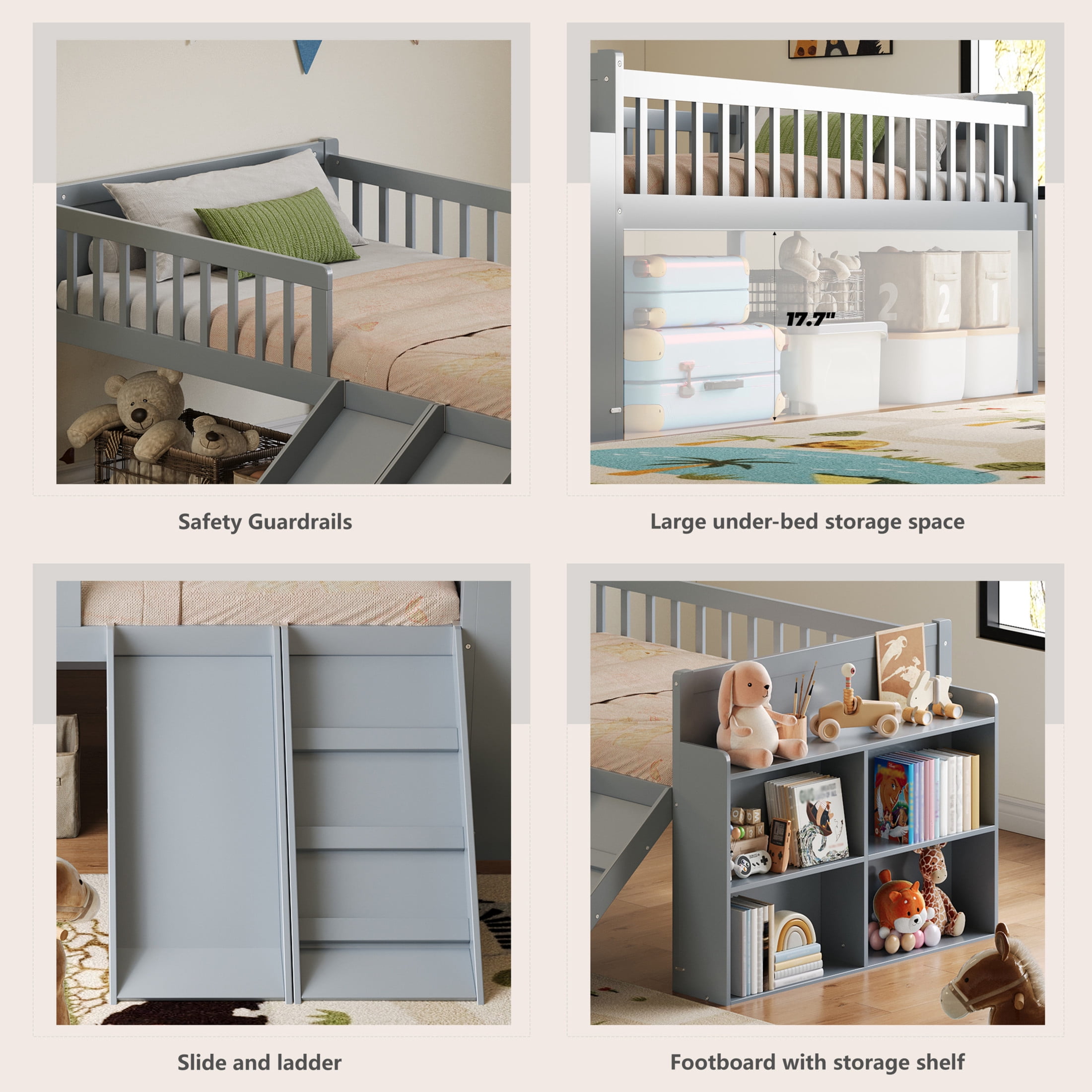 Noble House Twin Bed Frame with Storage Shelf, Platform Bed with Slide and Guardrail, Gray