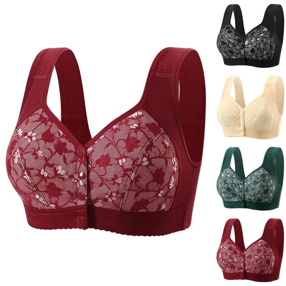 Feancey Womens Plus Size Front Closure Bras Floral Embroidered Everyday Brassiere Full Coverage Casual No Underwire Bra Supportive Minimizer Bras Army Green L