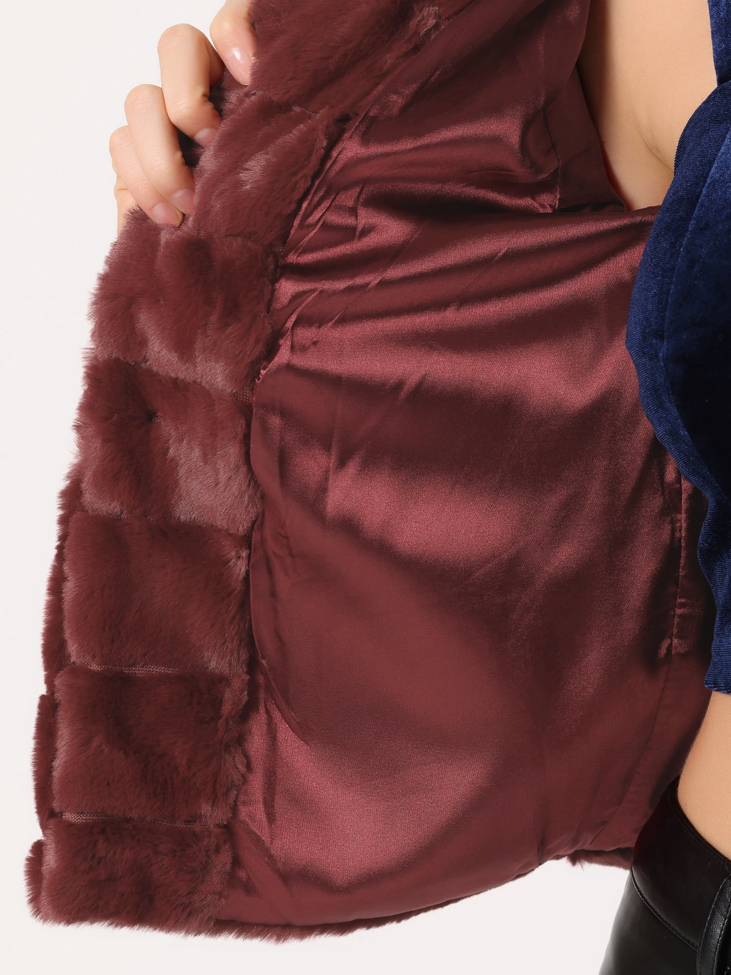 DARING DIVA Women's Faux Fur Fluffy Coat Collar Cropped Jacket M Burgundy