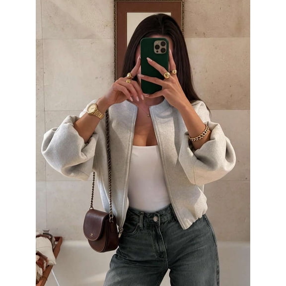 Women’s Long‑Sleeve Zip‑Up Cropped Casual Jacket with Pockets