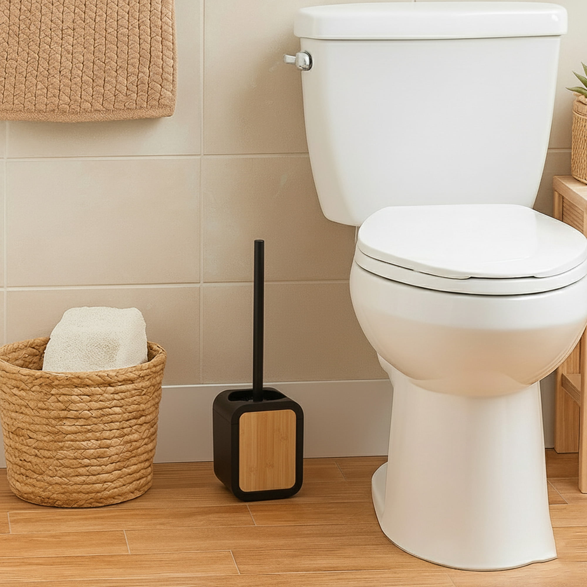Toilet Brush and Holder Black Rubber and Bamboo