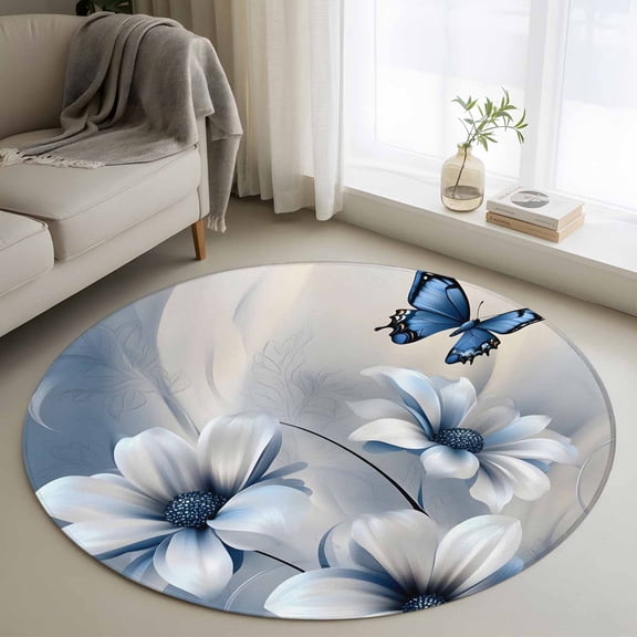 Round Rugs 4Ft, Elegant Floral Round Area Rug Washable Indoor Throw Carpet, Modern Rustic Blue Butterfly Flowers Soft Non Slip Circle Rug for Kitchen Nursery Room Home Decor Aesthetic