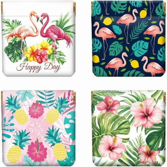 4Pcs Small Leather Squeeze Coin Purse for Women-Flamingo And Leaves Pattern Waterproof & Durable Change Pouch Mini Money Wallet Best Gift for Adult Girls