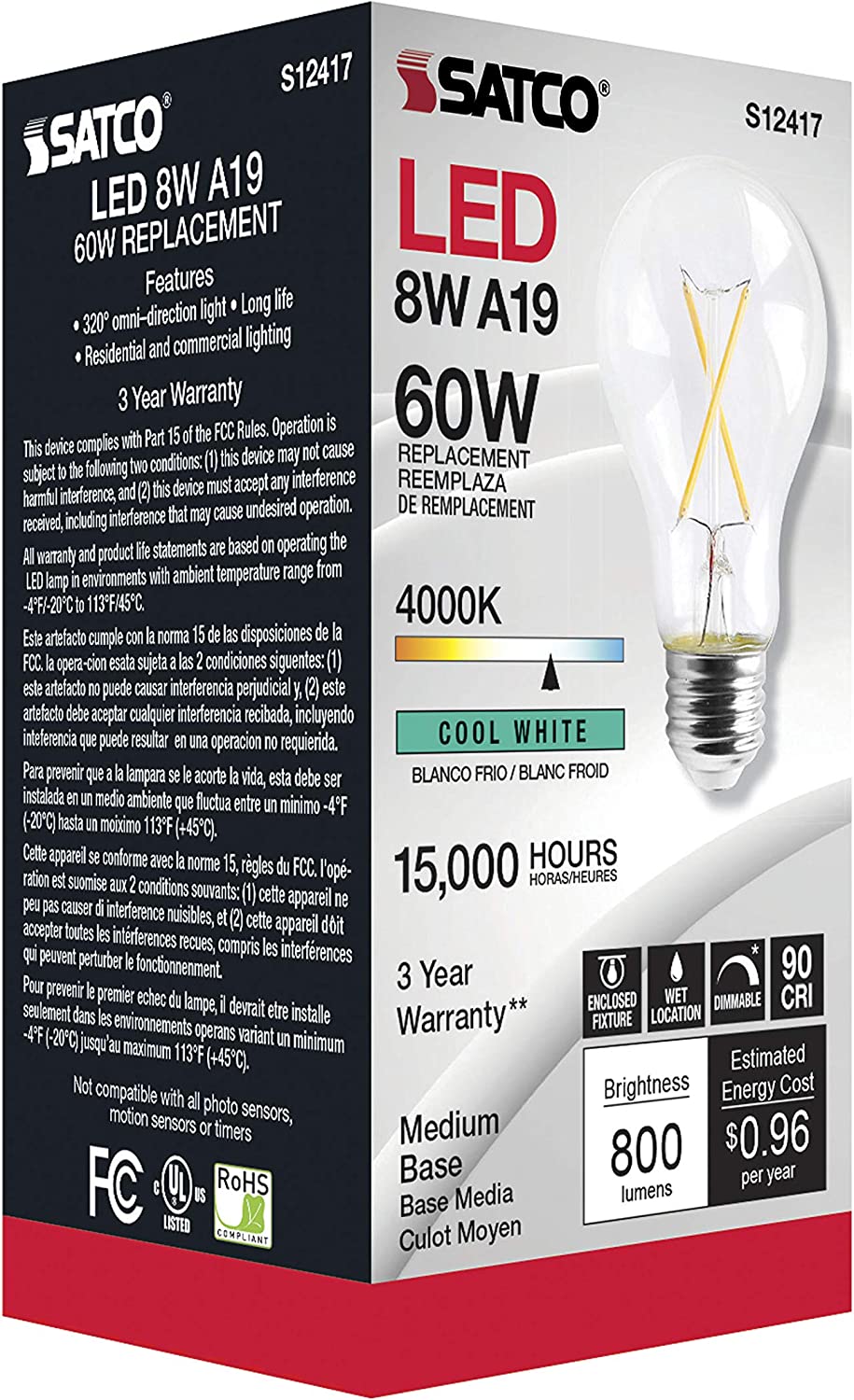 SATCO S12417 8W 120V LED A19 Bulbs E26 Base 4000K High Lumen  Dimmable (6 Pack)