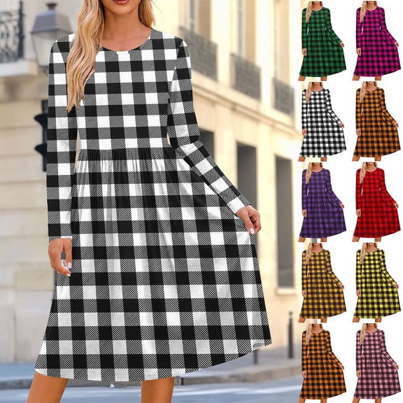 Otvok Womens Daily Loose Tunic Dress, Fall Winter Pocket Long Sleeve Midi Dress, Round Neck Elastic Waist A Line Dress