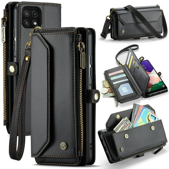 Crossbody for Samsung Galaxy A22 5G Case Wallet【RFID Blocking】with 10-Card Holder Zipper Bills Slot, Soft PU Leather Magnetic Shoulder Wrist Strap for Galaxy A22 5G Wallet Case Women
