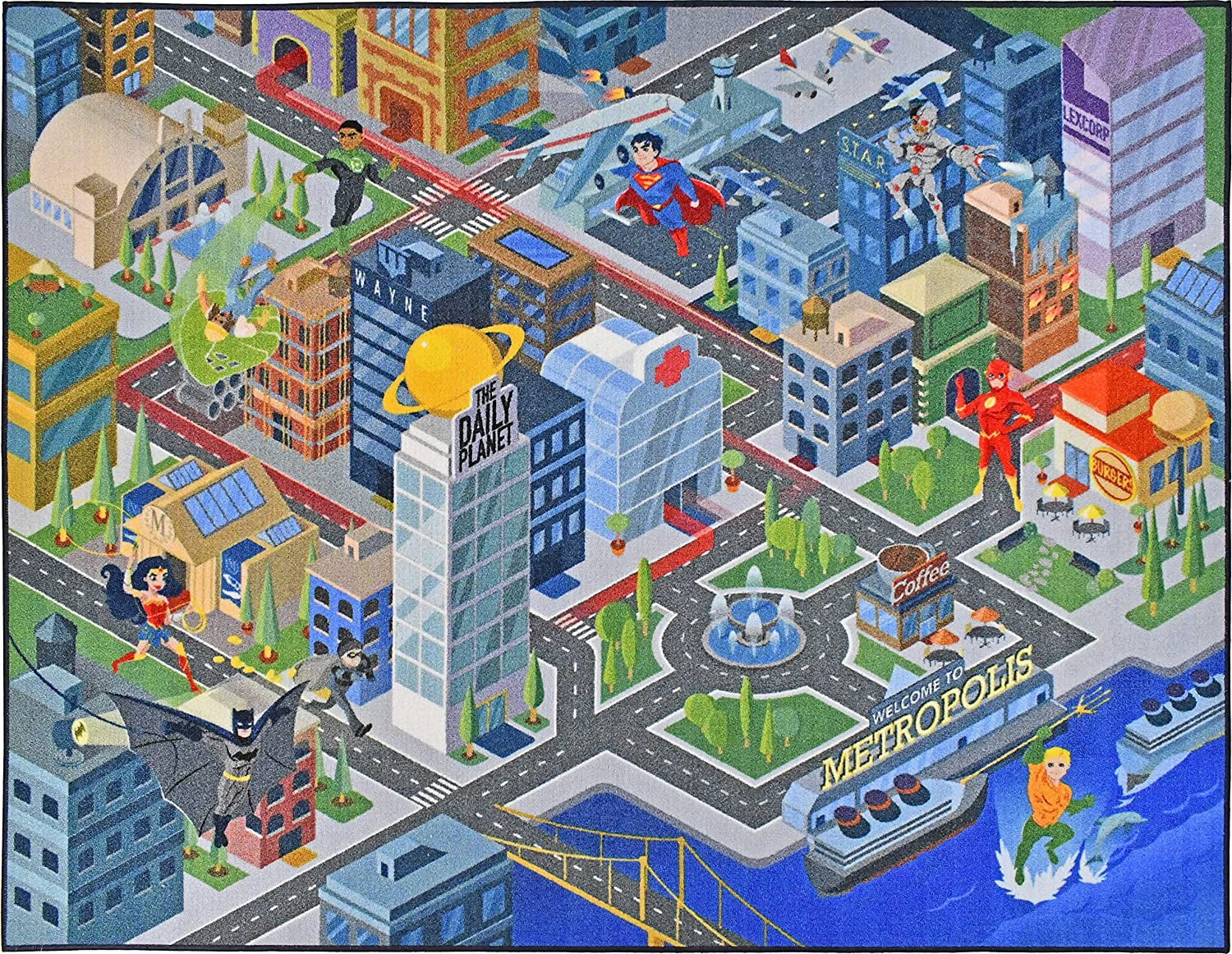 KC Cubs | Justice League Metropolis City Road Traffic Map Educational Learning & Fun Game Area Car Non Slip Rug Carpet for Kids and Children Bedroom, Classroom and Playroom