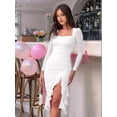 thumbnail image 6 of Women'S Ruched Bodycon Midi Dresses Elegant Mesh Long Sleeve Square Neck Ruffle Hem Cocktail Party Dress White XL, 6 of 8