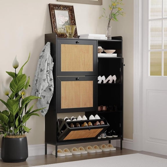 Black Freestanding Multifunctional Storage Shoe Cabinet with 3 Flip Drawers and Adjustable Side Cabinets, Rattan Wooden Shoe Rack Umbrella Storage Cabinet, Shoe Cabinet for Hallway, Living Room, Entr