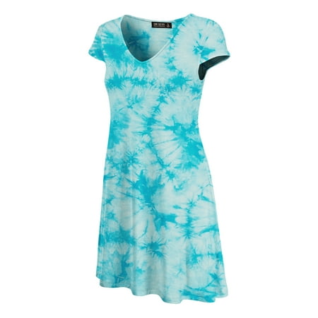 Silk Tie Dye Dress - MBJ WDR1088 Womens All Over Tie Dye V Neck Cap Sleeve T Shirt Dress L AQUA