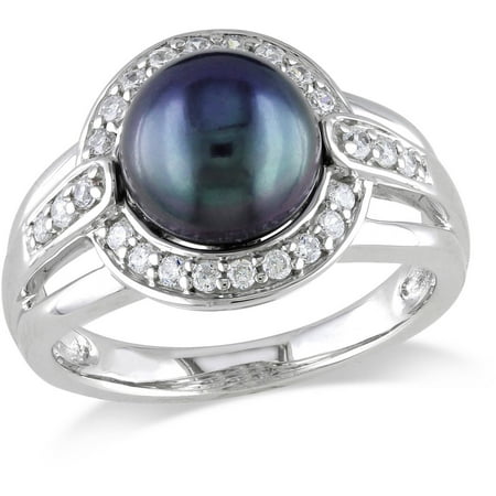 8.5-9mm Black Button Freshwater Cultured Pearl and 1/2 Carat T.G.W. White CZ Sterling Silver Halo Cocktail Ring
