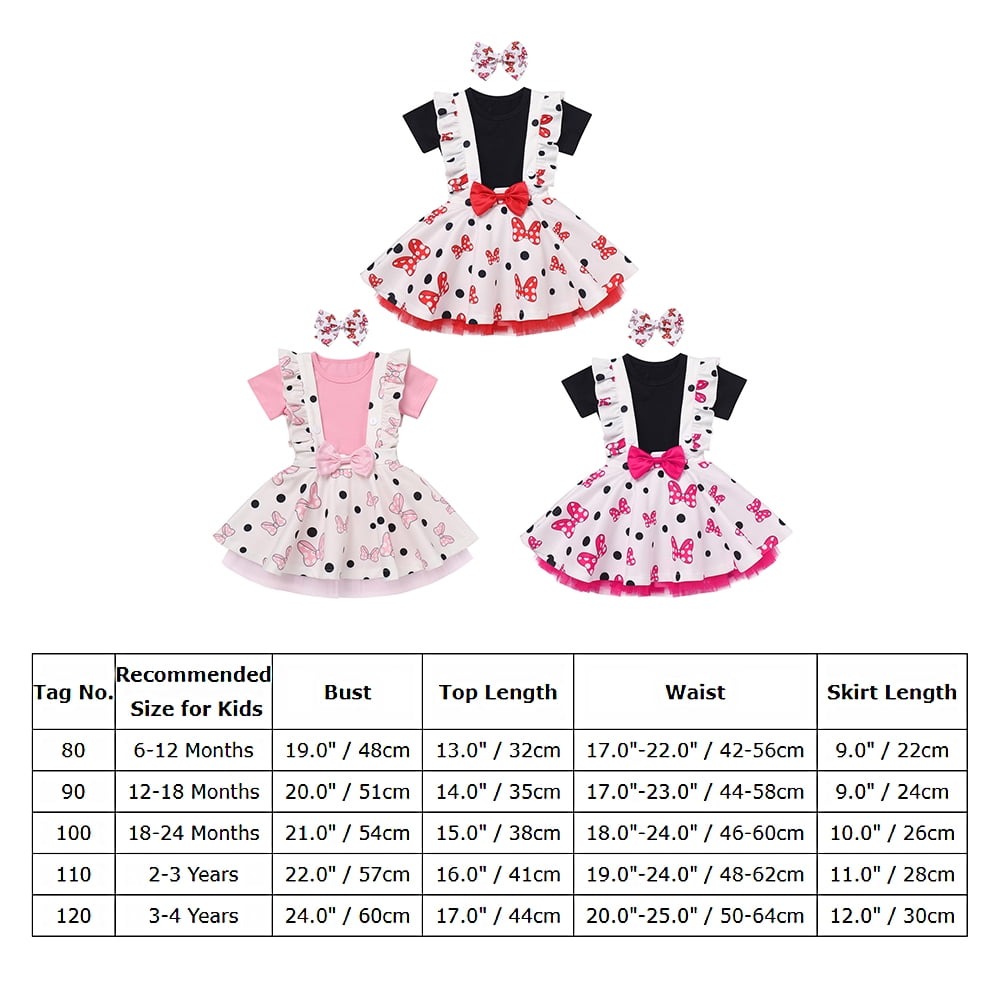 IBTOM CASTLE Toddler Baby Girls Mouse Birthday Outfit Short Sleeve Pullover T-shirt Suspender Skirt with Headband Cake Smash Casual Outfits 3-4 Years Black + Hot Pink
