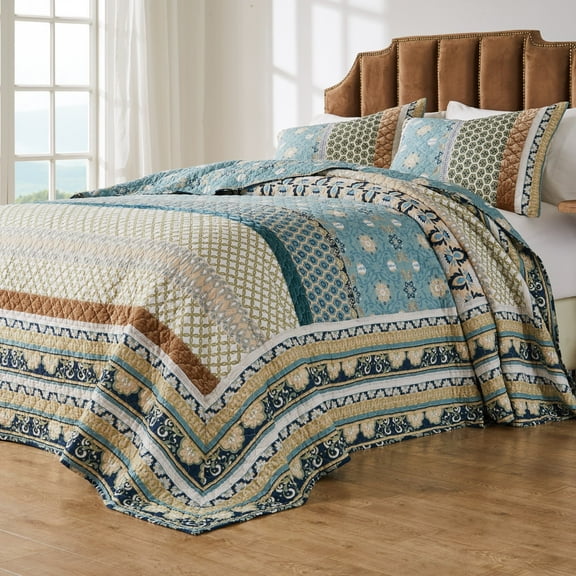 Greenland Home Fashions  Thalia Velvet-Embellished Cotton Bedspread Set Blue - King