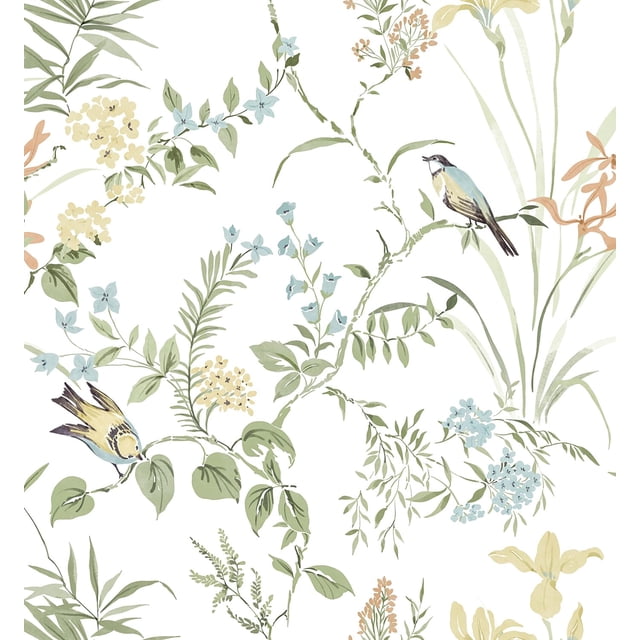 Papel tapiz autoadhesivo verde con flores y aves Erfoni de 16,9" x 118"