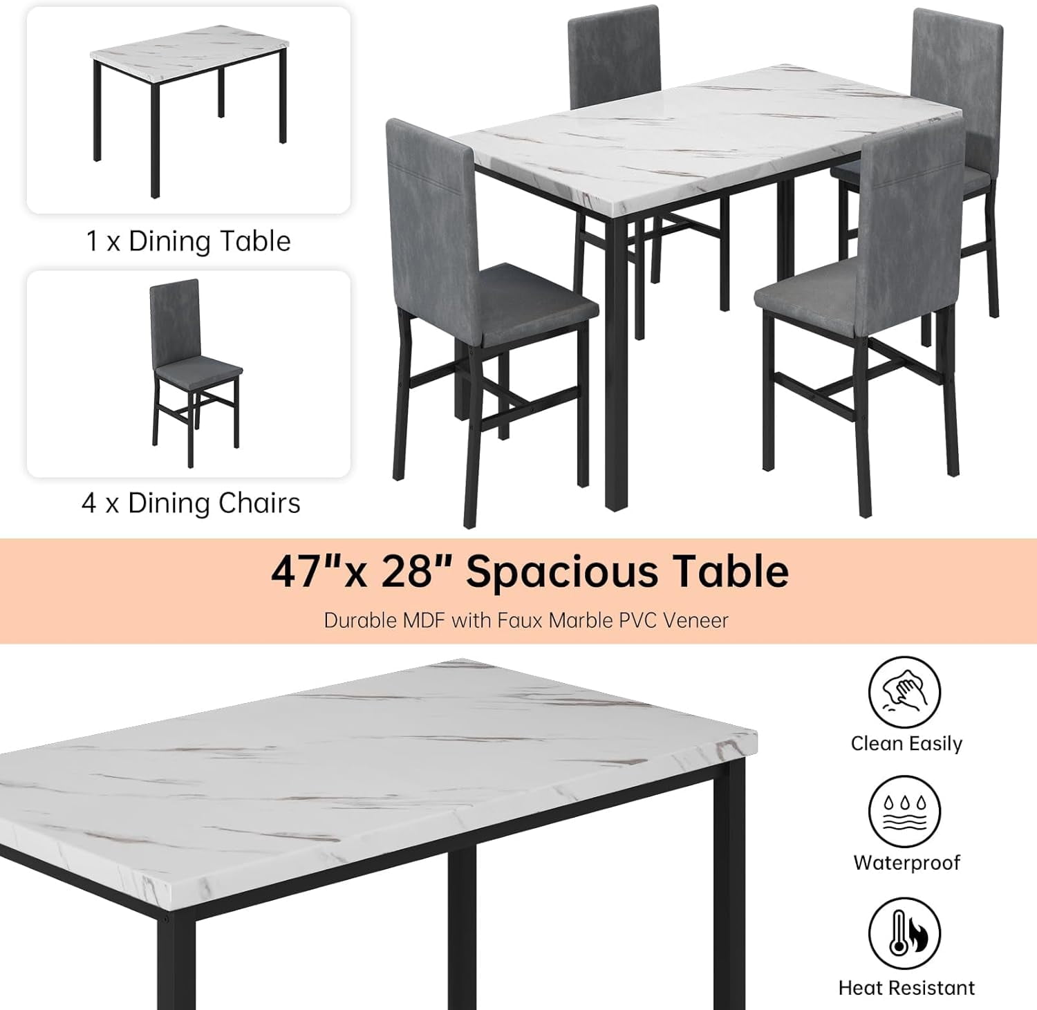 Cvortll 5-Piece Dining Table Set for 4, Modern Faux Marble Dining Table with 4 Velvet Chairs, White & Grey