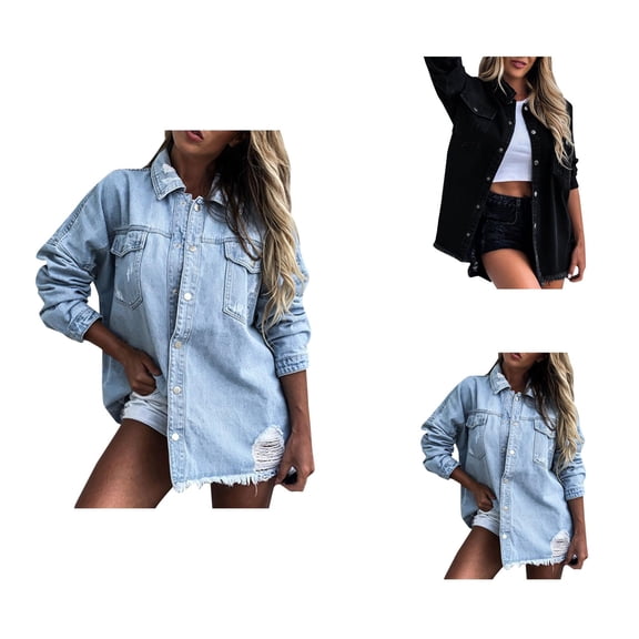 Womens Jackets Fall Jacket Women's Distressed Denim Jacket - Mid-Length Vintage Washed Ripped Long Sleeve Jean Coat, Autumn Winter Outerwear