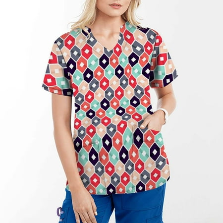 

Akklian Summer Savings Clearance Scrubs for Women V-Neck Short Sleeve Scrubs Top Working Uniform Gradien Print With Fours Pockets Blouse