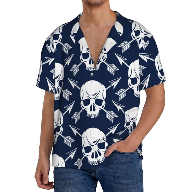 Fotbe white arrow Skull Camisa Estampada de Manga Corta para Hombre, Casual de Verano, Estilo Playero, Sin Arrugas-Large