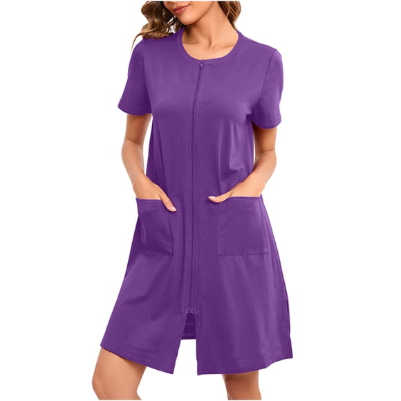 Besolor Womens Short Sleeve Robes Pajama Dress Zipper Crewneck Summer Knee Length Bathrobes Nightgown with Pockets