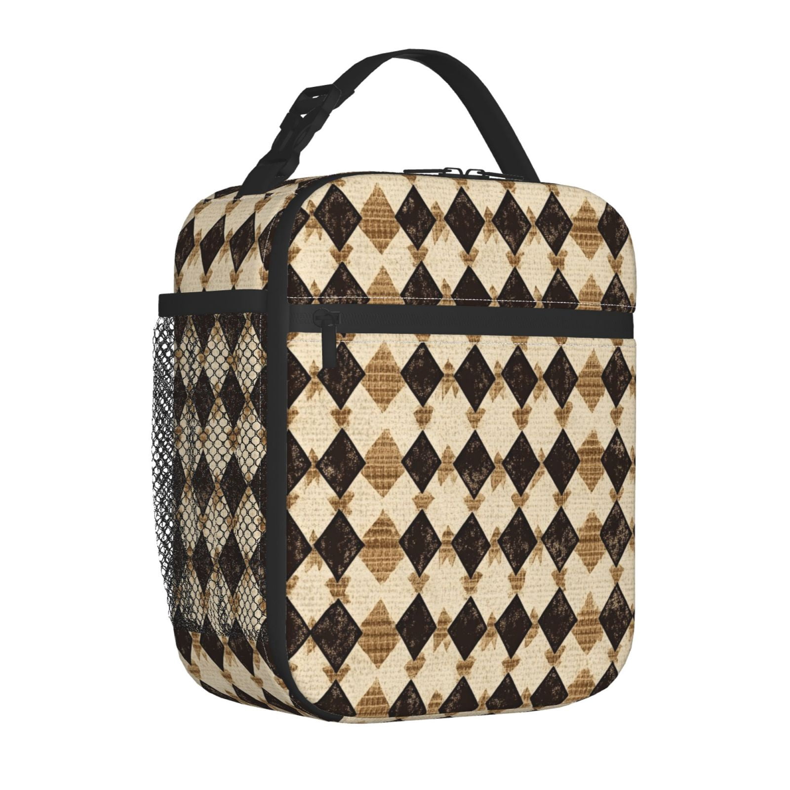 Lunch Bag For Women Men Insulated Portable Lunch Box Bento Box Office Picnic Travel Cooler Bag Tan Houndstooth Vintage Texture Hand-Drawn Sketch_4