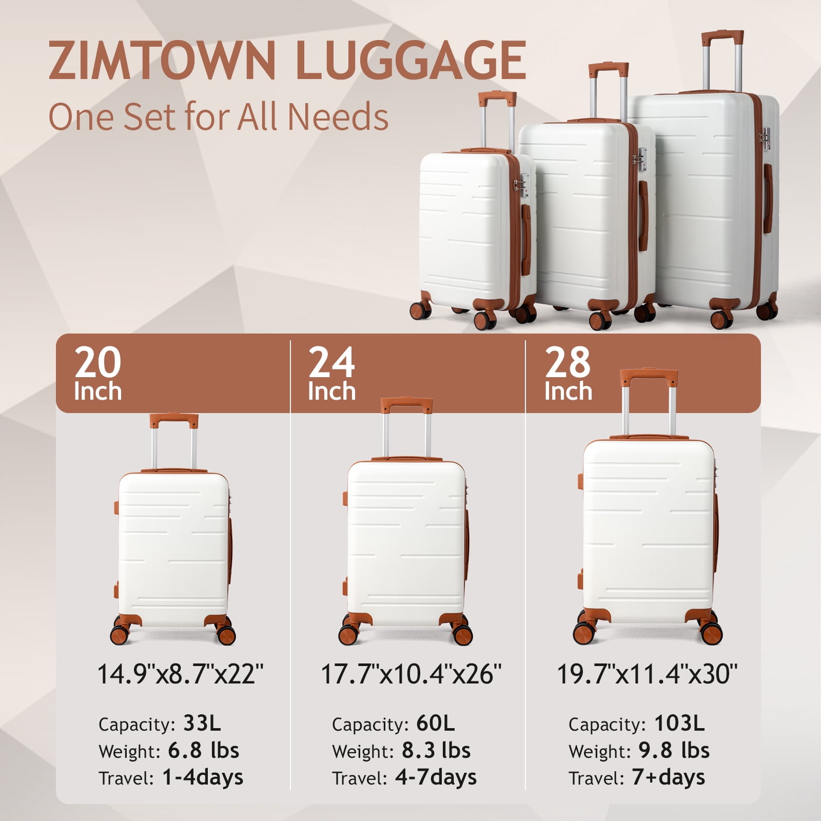Zimtown Luggage 3 Piece Set Suitcase ABS Hardside Lightweight with TSA Lock Spinner Wheels, Beige