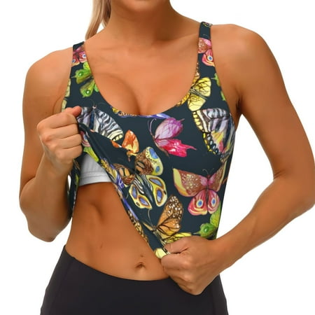 Qokaie Butterfly Wild Insect Pattern Womens Scoop Neck Sports Bra Breathable Workout Vest Padded U Back Medium Impact Fitness Gym Yoga Bra Workout Crop Top
