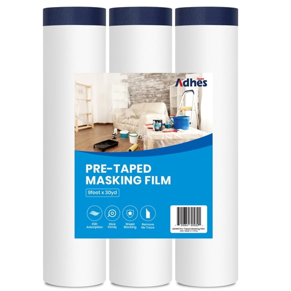 ADHES Tape Ruban de Peintre à la Poursuite de la Perfection avec Plastique, 108 Pouces x 90 Pi x 3 Rouleaux, Film de Masquage Pré-Collé pour Peinture et Décoration