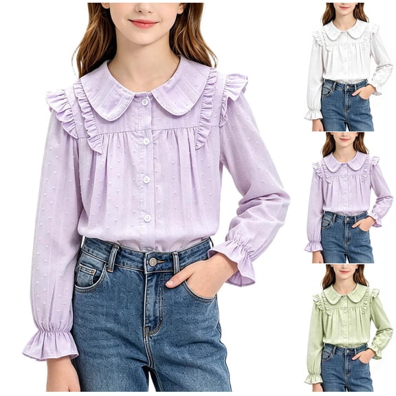 ITSAME Girls Button Down Shirts Cotton Ruffle Lapel Long Sleeve School Uniform Blouses Fashion Casual Tops Purple Size 8