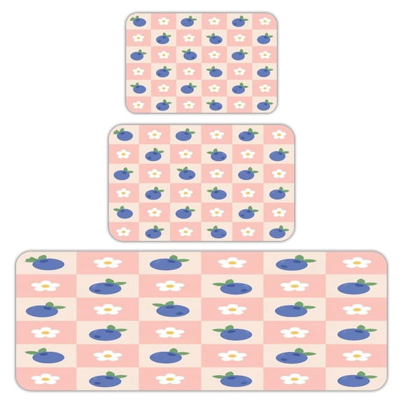 RKSupls Kitchen Rug Set 3 Piece Anti-Slip Flannel Floor Mats, Blueberry Flower Checkered Washable Absorbent Runner Mats for Kitchen Bathroom Home Decor
